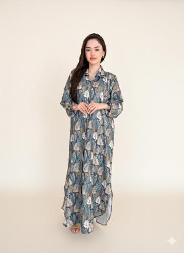 Blue cotton galabeya with floral pattern and embroidery