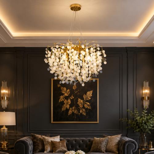 نجف مودرن فاخر ذهبي مع كريستال شفاف 60 سم – 10 لمبات E14 | تصميم متلألئ للصالات والمجالس