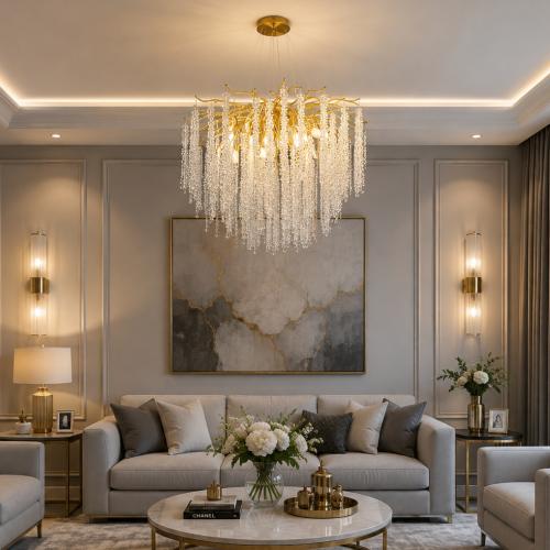 ثريا علاقي كريستال فصوص مودرن ذهبي 60 سم – 10 لمبات E14 | تصميم فاخر للصالات والمجالس