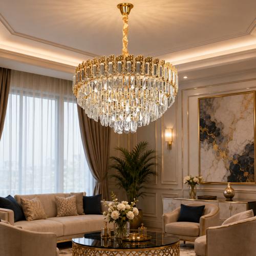 ثريا علاقي كريستال دائرية مودرن ذهبي قطر 60 سم – 9...
