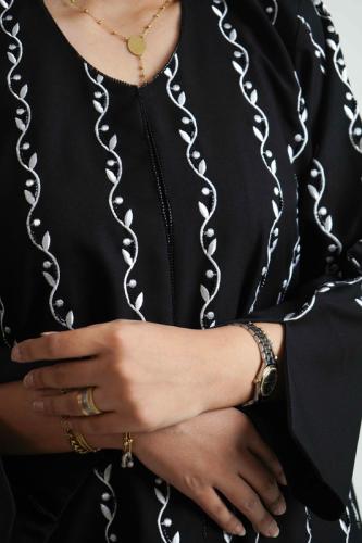 Sleeve abaya made of linen fabric with full front white embroidery and beads