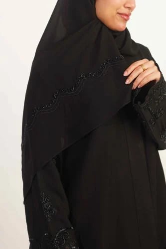 Cape abaya, crepe fabric, for Mar, embroidered sleeves with beads, half kuloosh