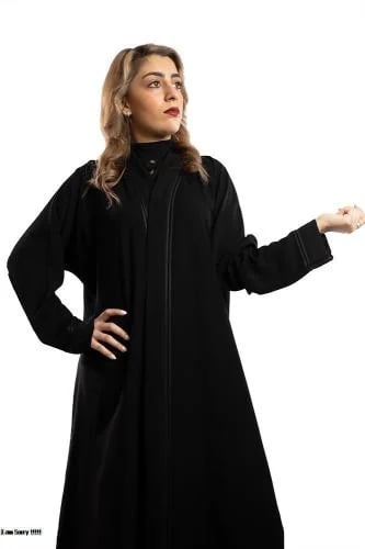 Black pencil fabric shoulder abaya with sleeve and front opening, and two wide Qattan lines