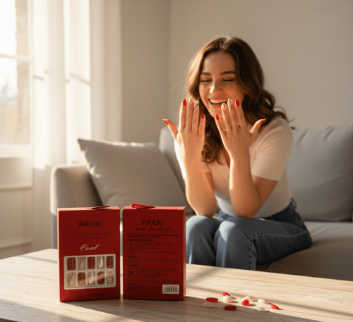 أظافر فيبل تركيب باللون الأحمر الكلاسيكي مع لمسات ذهبية
