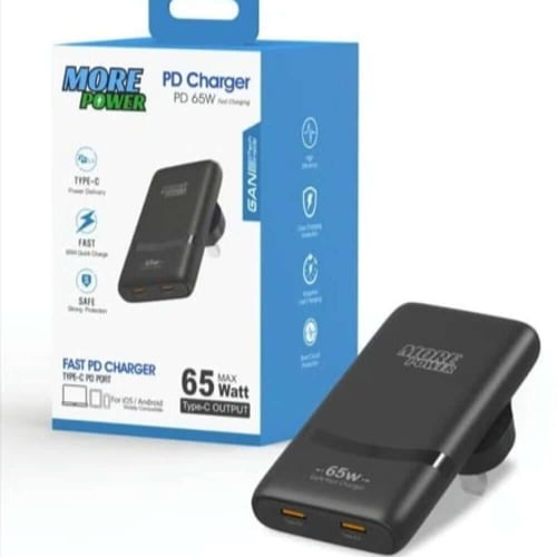 MorePower - شاحن جداري بقوة 65 واط بمنفذين تايب سي