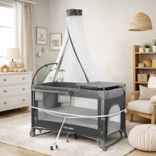 سرير ومحبس اطفال بناموسية وألعاب + طاولة تغيير