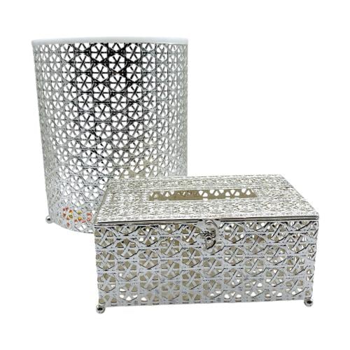 سلة مع علبة منديل فضي