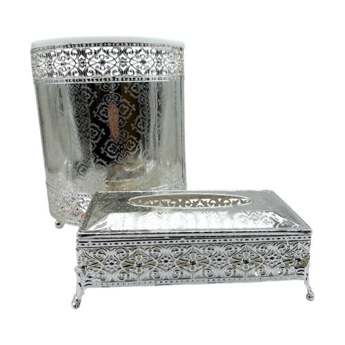 سلة مع علبة منديل فضي