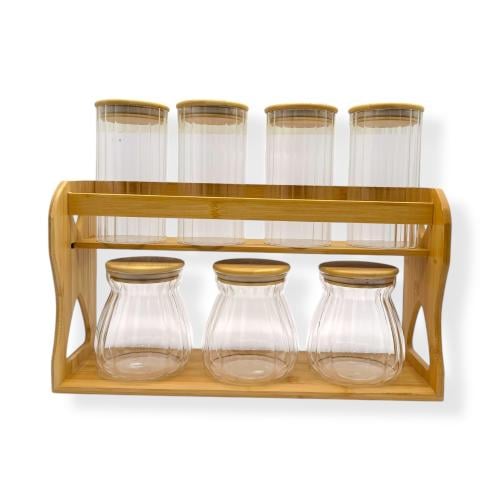 علب بهارات 7 قطع زجاج مع ستاند وغطاء خشبي