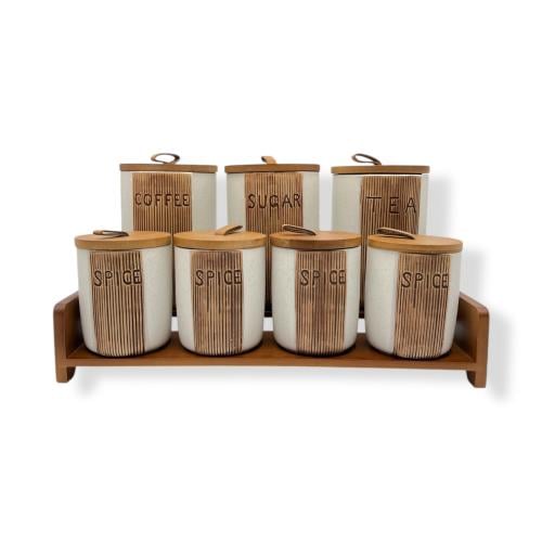 علب بهارات 7 قطع مع ستاند خشبي
