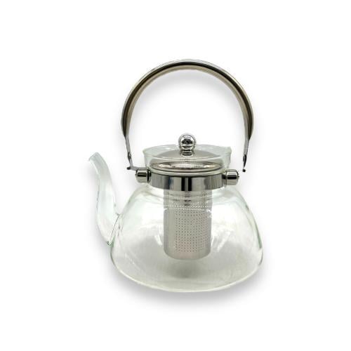 ابريق شاي زجاج شفاف بيد وغطاء فضي 1400 ملل