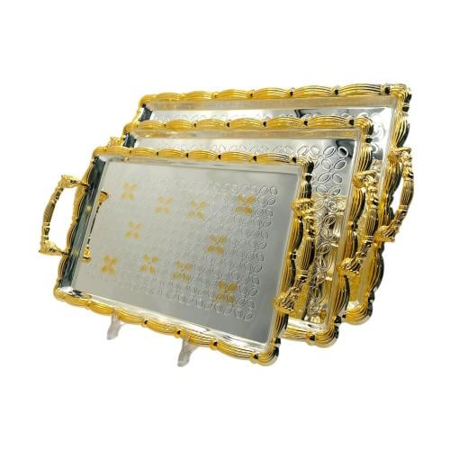 صواني تقديم لون فضي بنقش ذهبي 3 قطع