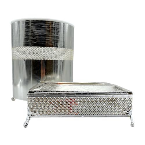 سلة مع علبة منديل فضي