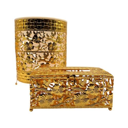 سلة مع علبة منديل ذهبي