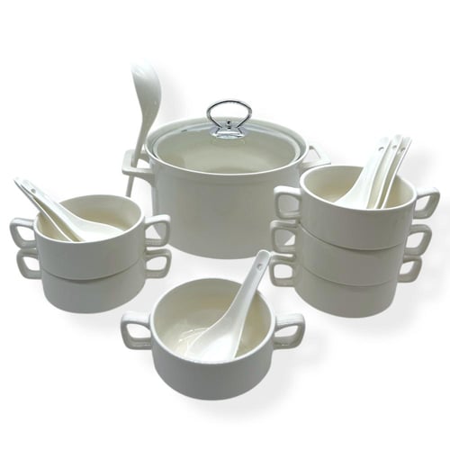 طقم شوربة مع ستاند 16 قطعة أبيض فضي