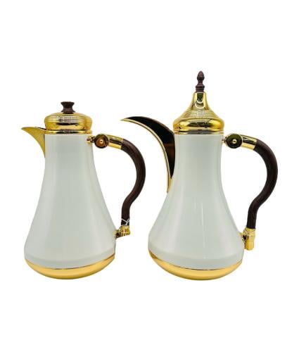 طقم ترامس شاي وقهوة الأصالة ابيض ذهبي يد خشب