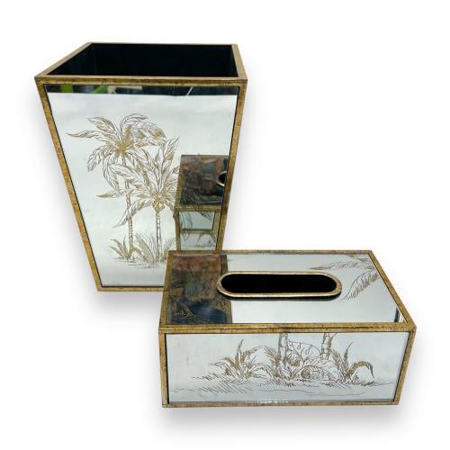 سلة مع علبة منديل زجاج