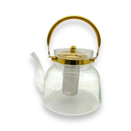 ابريق شاي زجاج شفاف بيد وغطاء ذهبي 2.2 ملل