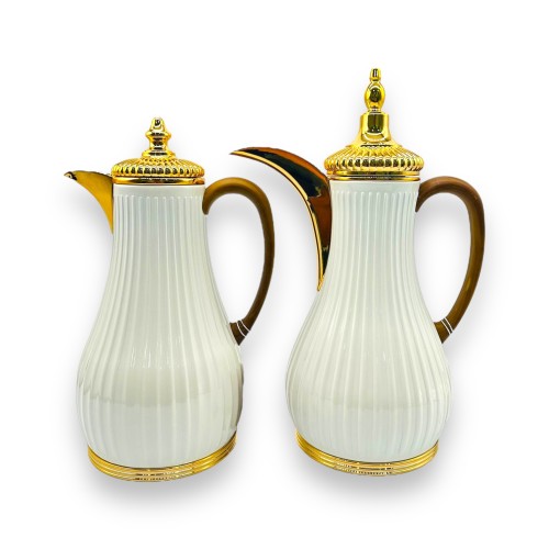 طقم ترامس الفخامة شاي وقهوة ابيض ذهبي يد خشب