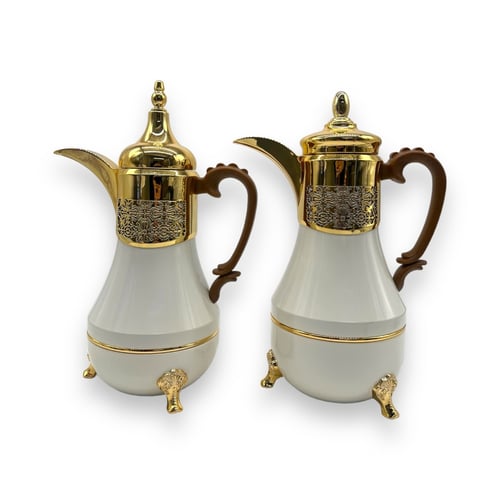 طقم ترامس العنود شاي وقهوة ابيض ذهبي يد خشب