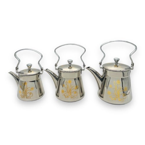 ابريق شاي 3 قطع لون فضي بنقش ذهبي