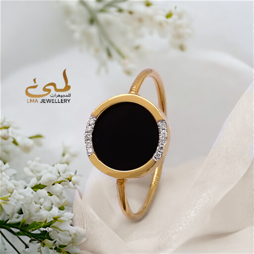 خاتم الماس برلنت وحجر اونكس على ذهب اصفر W756-49
