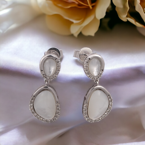 حلق الماس برلنت وحجر صدف على ذهب ابيض W776-55