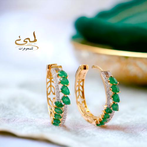 حلق الماس و حجر زمرد على ذهب اصفر w738-149