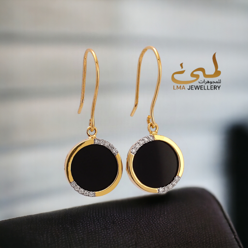 حلق الماس برلنت وحجر اونكس على ذهب اصفر W756-9