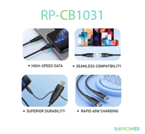 كابل شحن سريع من RavPower Fabric من النوع C إلى ال...