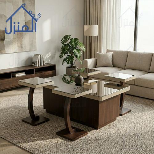 طقم طاولات وسط مودرن بسطح زجاج وقواعد خشبية منحنية