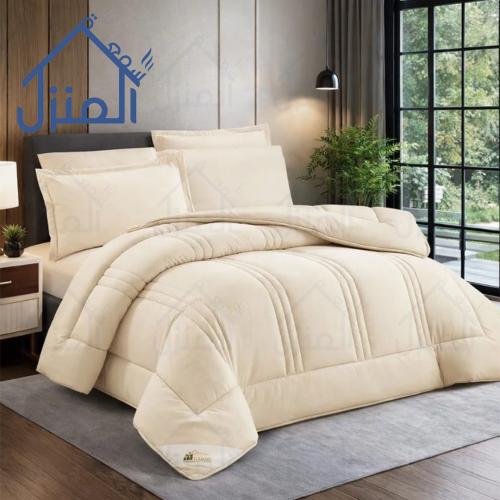 طقم لحاف سرير أوف وايت سادة بخياطة هندسية أنيقة ول...