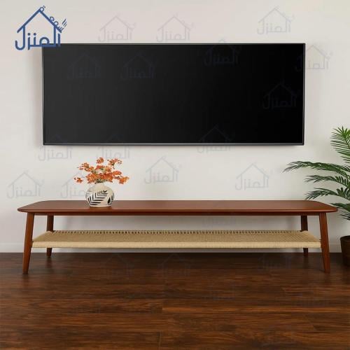 طاولة تلفزيون خشب طبيعي مع رف سفلي من الخيش مقاس 1...