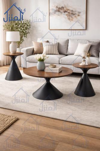 طقم طاولات خشبي وسط دائرية بتصميم مخروطي – ثلاث قط...
