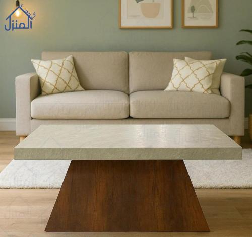 طاولة قهوة مودرن بديل حجر بقاعدة خشبية – تصميم أني...