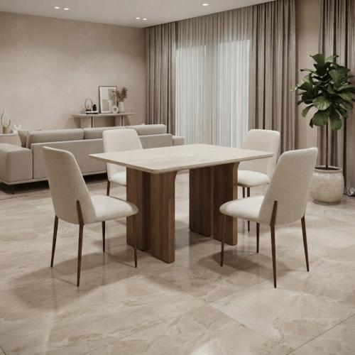 طاولة طعام خشبية مع 4 كراسي بيج بتصميم هندسي أنيق...