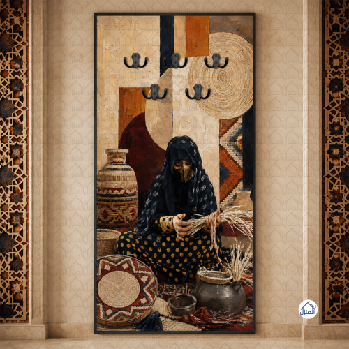 لوحة علاقات عبايات بامرأة وحرف يدوية تراثية مع سلا...