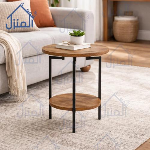 طاولة جانبية دائرية بطبقتين بلمسة خشبية – تصميم عص...