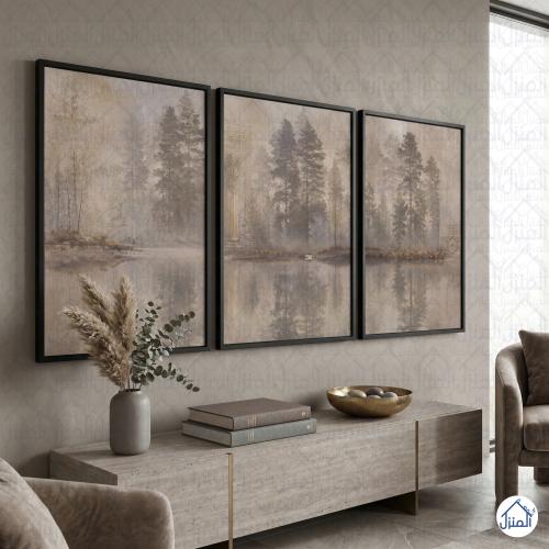 لوحات طبيعة 3 قطع بمنظر غابة وضفاف هادئة بألوان مح...