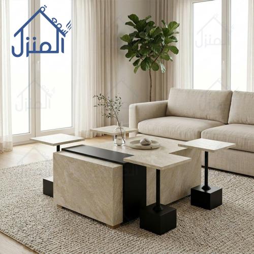 طاولة قهوة مودرن 5 قطع بديل حجر – طقم طاولات وسط ب...