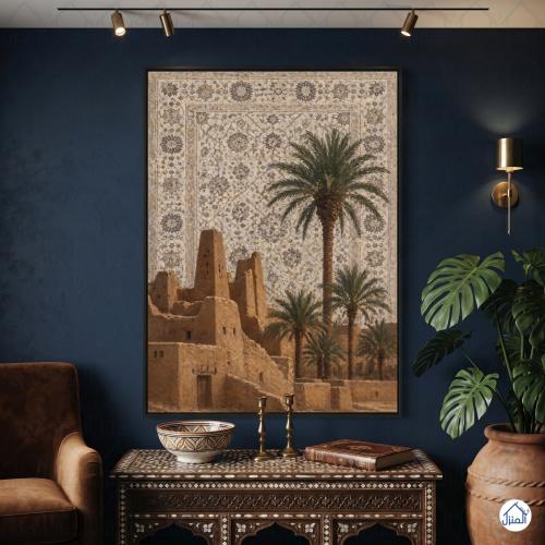لوحة جدارية قصر طيني ونخيل بطابع تراثي سعودي وطباع...