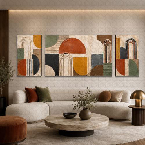 لوحات جدارية ثلاثية وسط كبير بأقواس هندسية ملونة ط...
