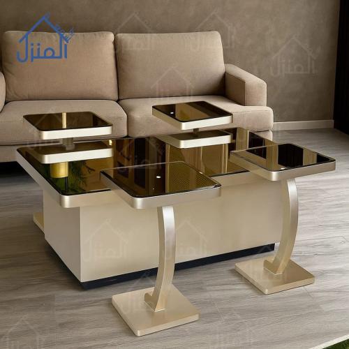 طقم طاولات قهوة 5 قطع زجاج أسود عاكس