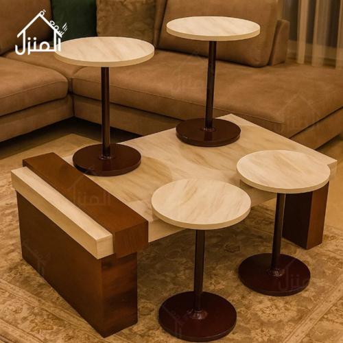 طقم طاولات قهوة مودرن بديل حجر مع خشب – قطعة وسط م...