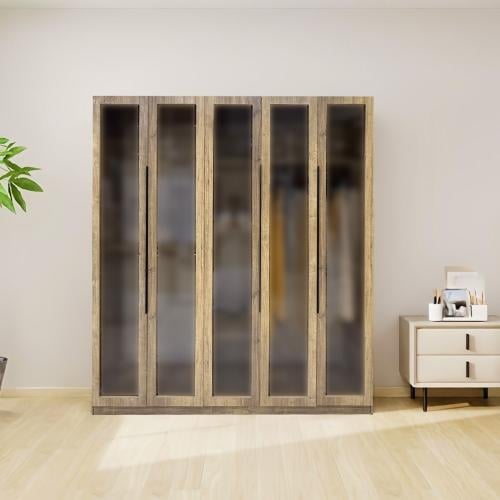 دولاب ملابس بـ5 أبواب - بني فاتح مع زجاج عسلي