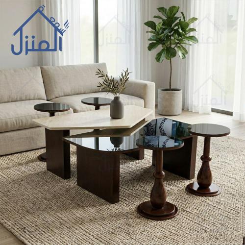 طقم طاولات قهوة مودرن 6 قطع بديل حجر مع زجاج داكن...
