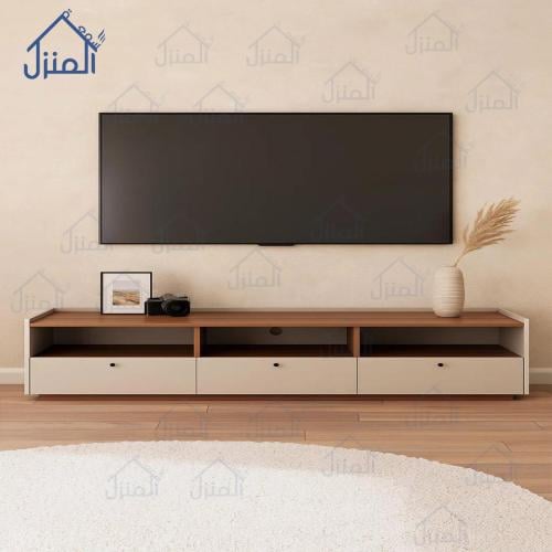 طاولة تلفزيون مودرن بلون بيج وخشبي تصميم بسيط وأني...