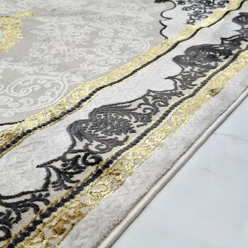 سجاد كلاسيك نقش تراثي فاخر – رمادي مع ذهبي