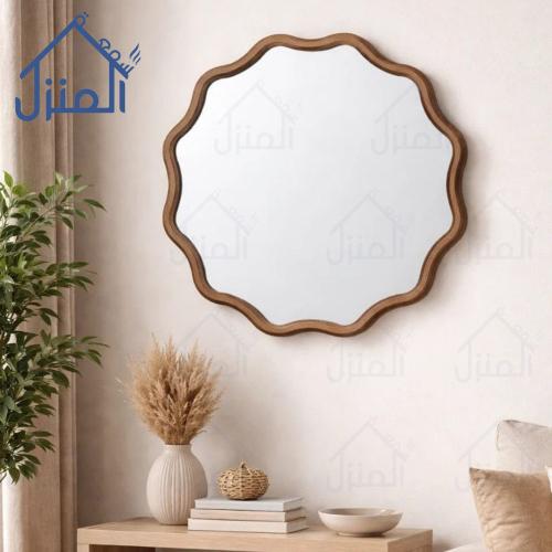 مرآة جدارية أنيقة - تصميم دائري متموج بإطار خشبي