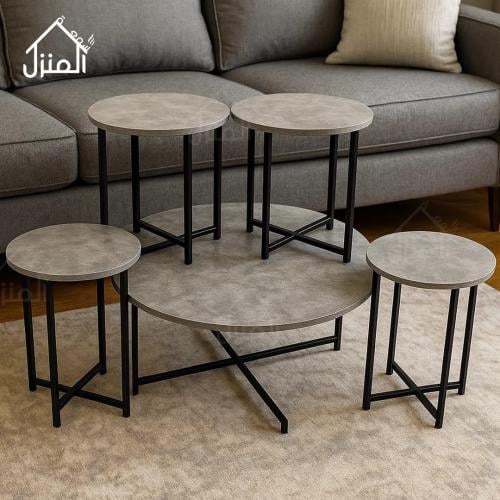 طقم 5 طاولات قهوة سطح خشب دائري لون رصاصي
